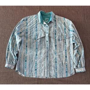Vtg Roper Rodeo Teal Western Shirt Men's L Bright 90s Southwest Aztec Acid Denim